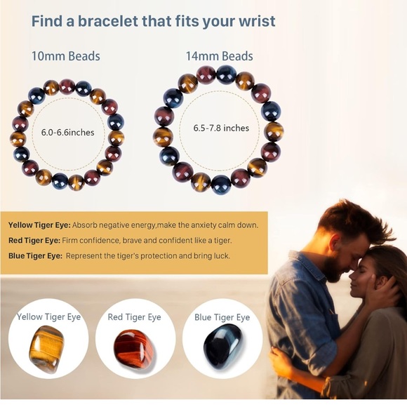 Triple Tigers Eye Stretch Bracelet Yellow Red Blue Tigers Eye Bracelet 14mm Bead - Picture 5 of 10